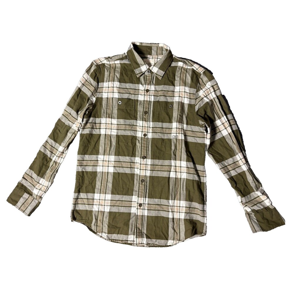 American Eagle Button Down Shirt Mens Medium Long Sleeve Plaid Green Cotton